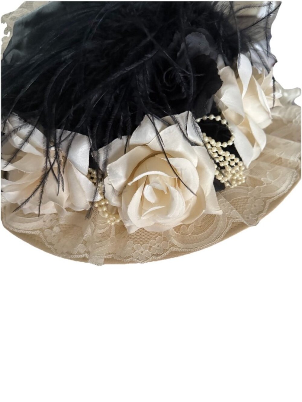 VTG Elsie Massey Victorian Edwardian Touring Hat Lace Short Train Feathers Beads